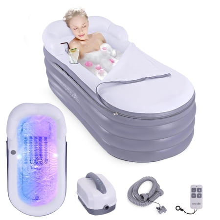 SereneLife Spa Bathtub with Bubble Massage Mat – Inflatable Bathtub with Pillow, Cup Holder, Remote Control for LED Lighting, Backrest and Armrests, Supporting Up To 190 lbs. 66" x 30" x 26"