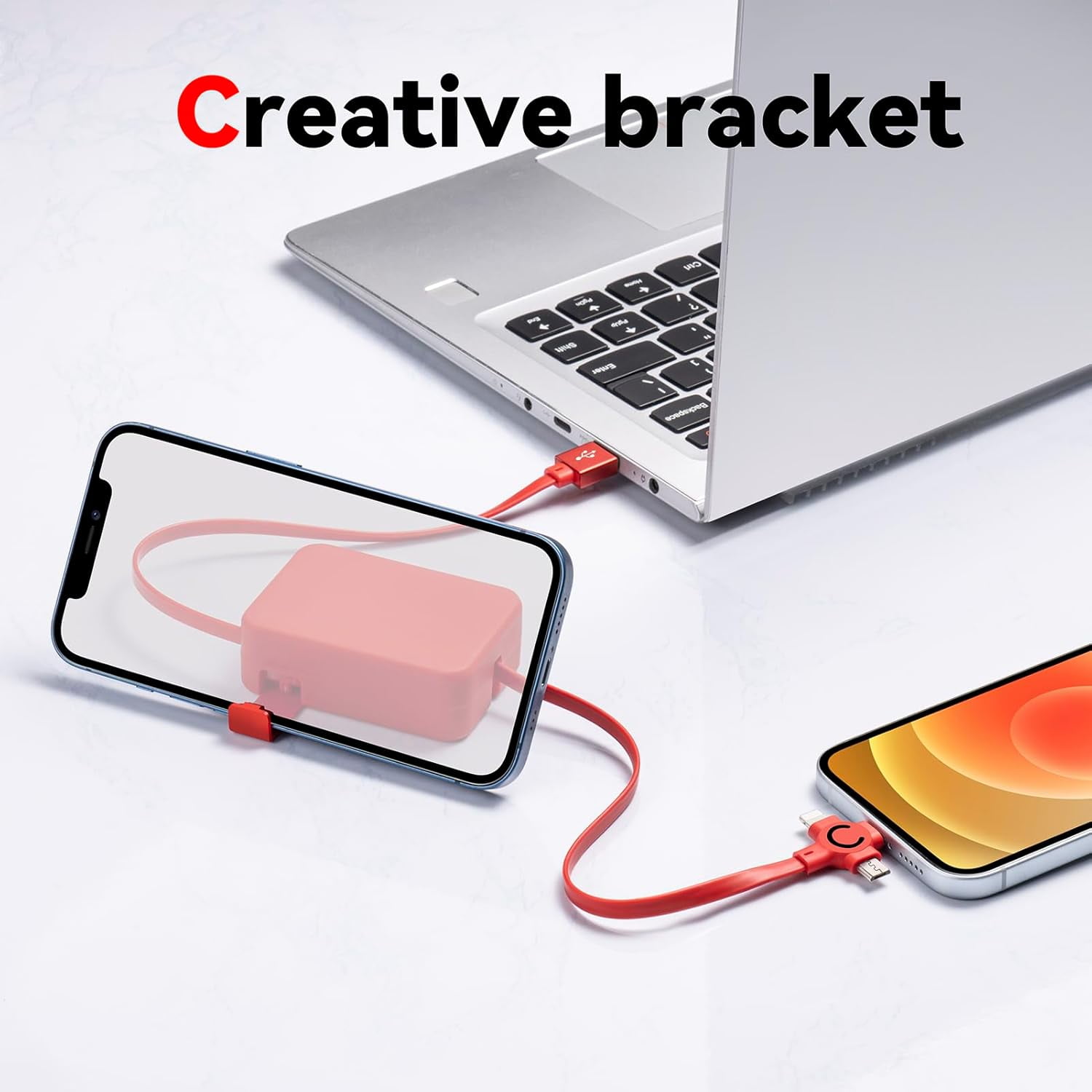HRTGFD-2Pack 3 in 1 Fast Charging Cable, 3A Retractable USB Charger Cable with IP/USB C/Micro Ports, Phone Holder, Multiple Fast Charging Cord for Cell Phones, IP, Samsung Galaxy, Tablets