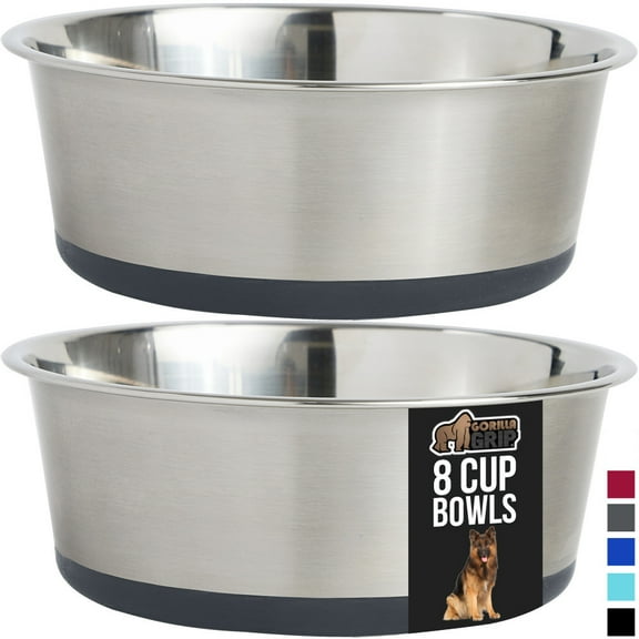 Dog Bowl Set of 2, Heavy Duty Stainless Steel Bowls by GORILLA GRIP, Holds 8 Cups, Gray