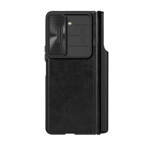 Compatible with Samsung Galaxy Z Fold 5 Leather Case with Slide Camera Cover Shockproof Flip Case-Black