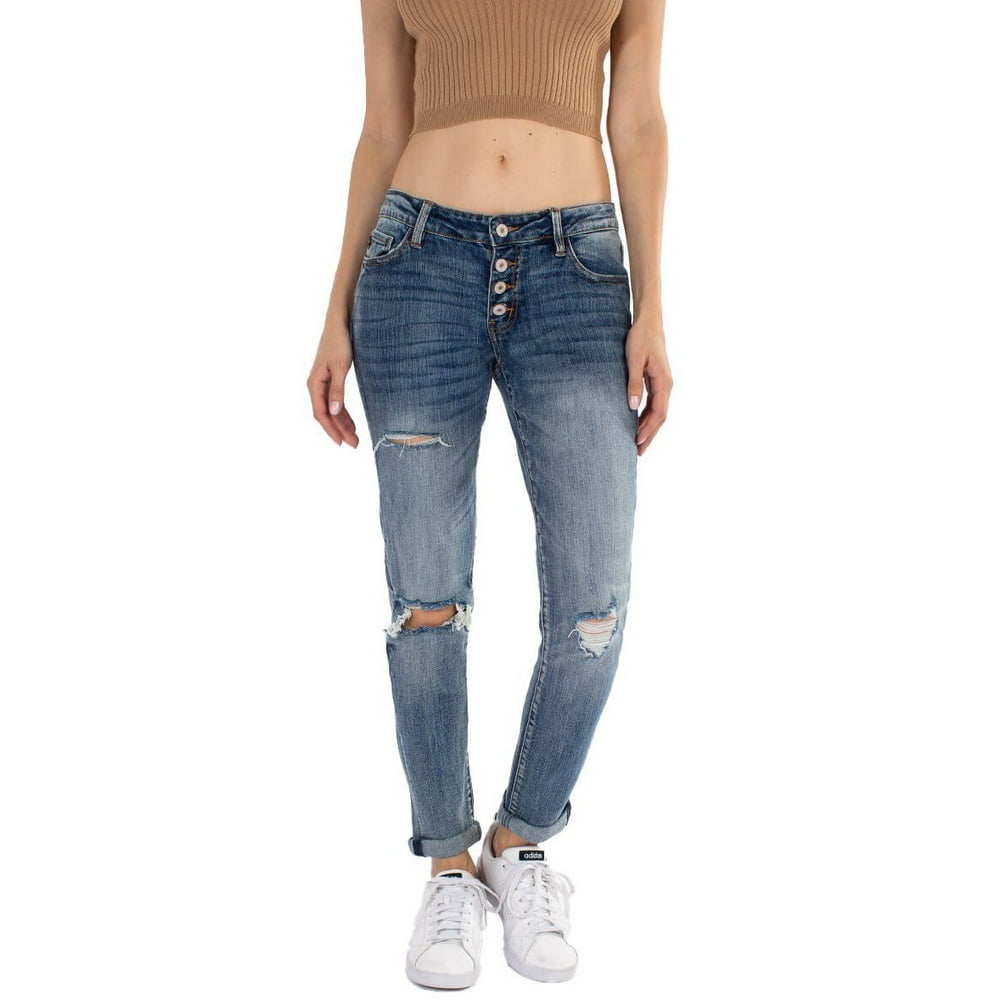 Kancan Kancan USA Women's Dark Wash Five Pocket Button Fly mid Rise