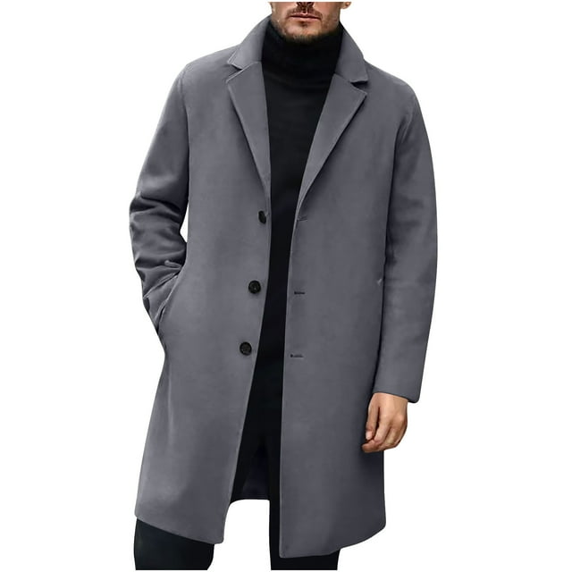 Coupe-vent Gris Foncé pour Homme Hiver Automne Col Roulé à Col Chemise Doublé en Molleton Laine Long Décontracté Uni Manteau Coupe-Vent Homme Boutonné 2025 Doux Confortable Vêtements Mode TG