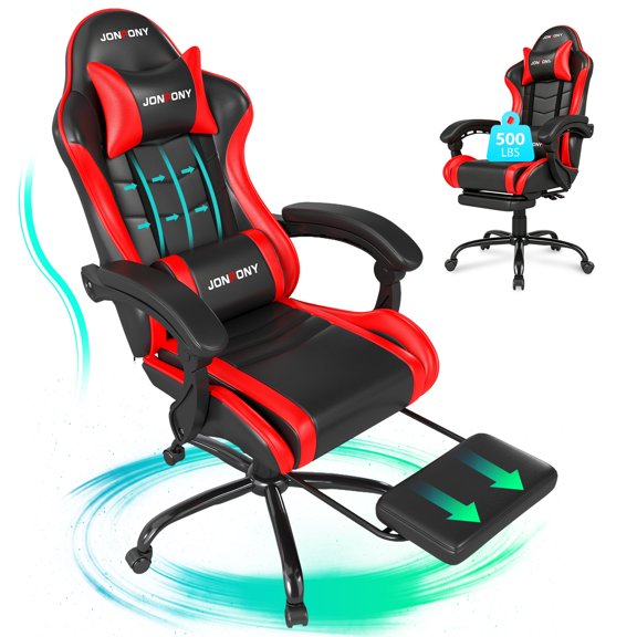 JONPONY Big and Tall Gaming Chair, Ergonomic High Back Gamer Chair with Footrest Lumbar Support, PU Leather Office Computer Chair for Long Sitting, Red