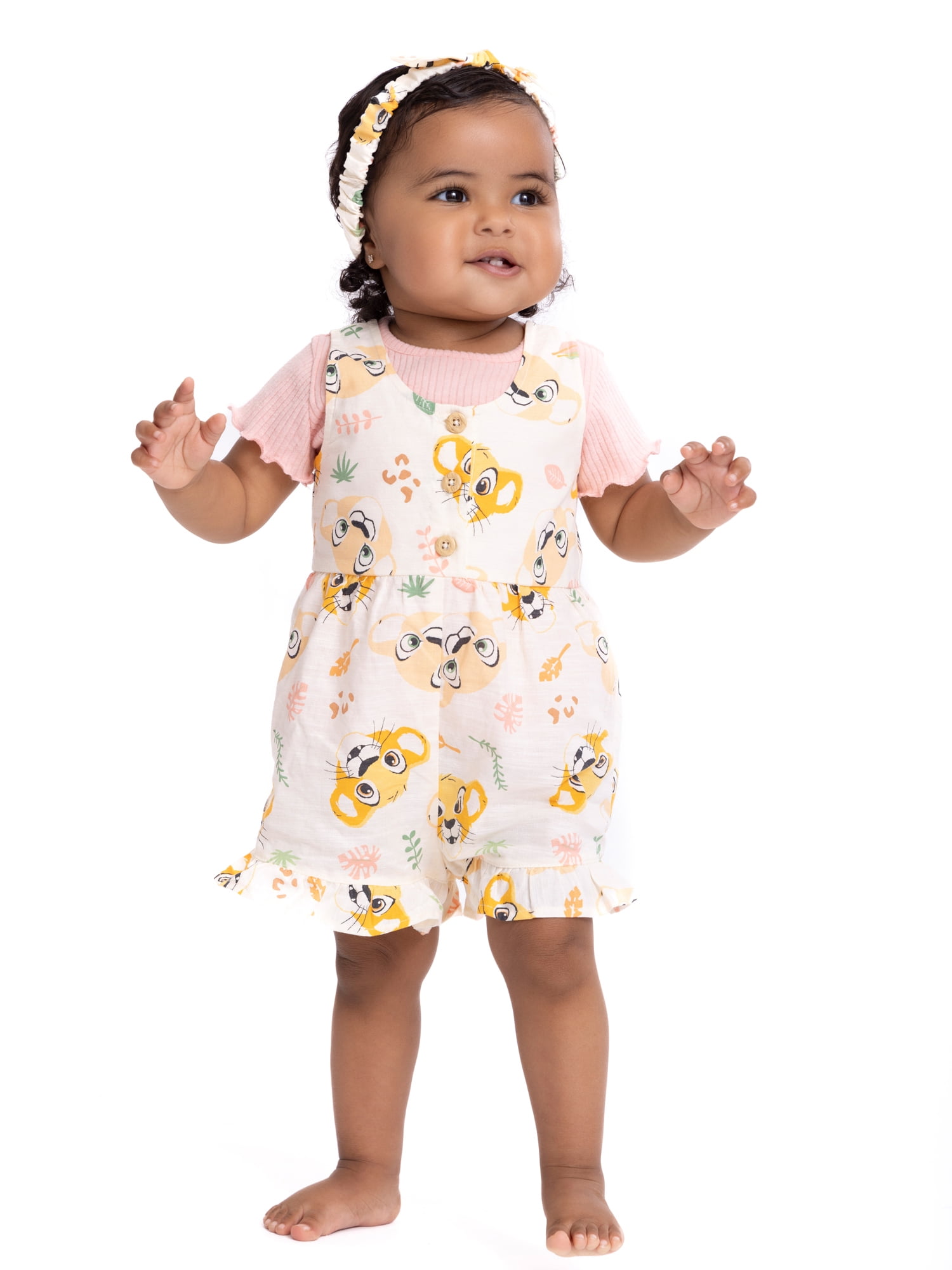 The Lion King Baby Girl Shortall and Tee Outfit Set with Headband, Sizes 0/3 Months-24 Months
