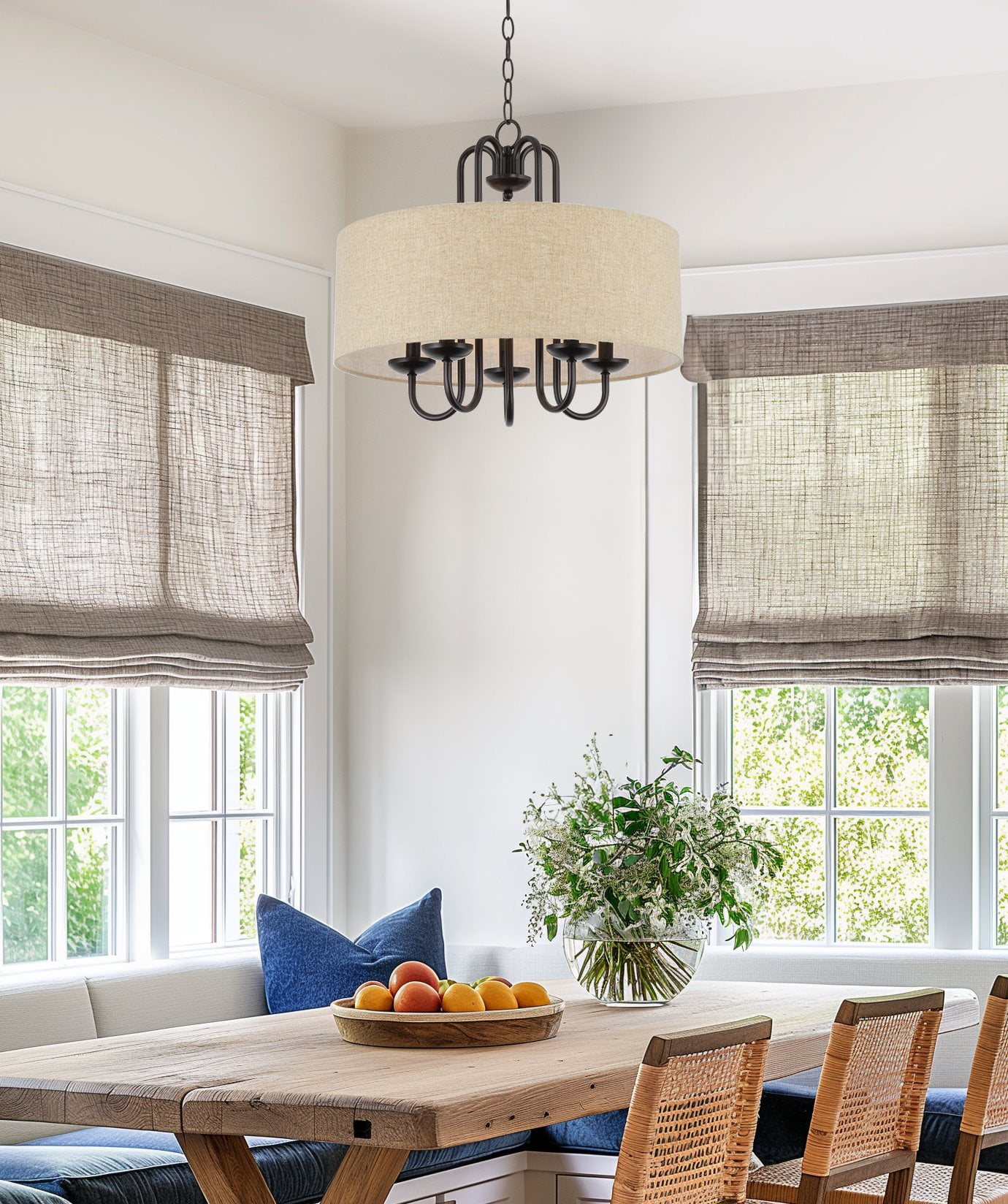 Kira Home Gwenyth 20" Farmhouse Drum Chandelier, Oatmeal Linen Shade, Rustic Arched Metal Hanging, Oil Rubbed Bronze