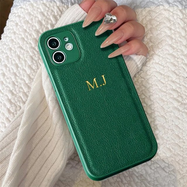 Personalized Customized Initials Name Letters Leather Case For iPhone 16 15 14 13 12 11 Pro Max 16 Plus Luxury Shockproof Cover Dark Green For iPhone 12 Pro