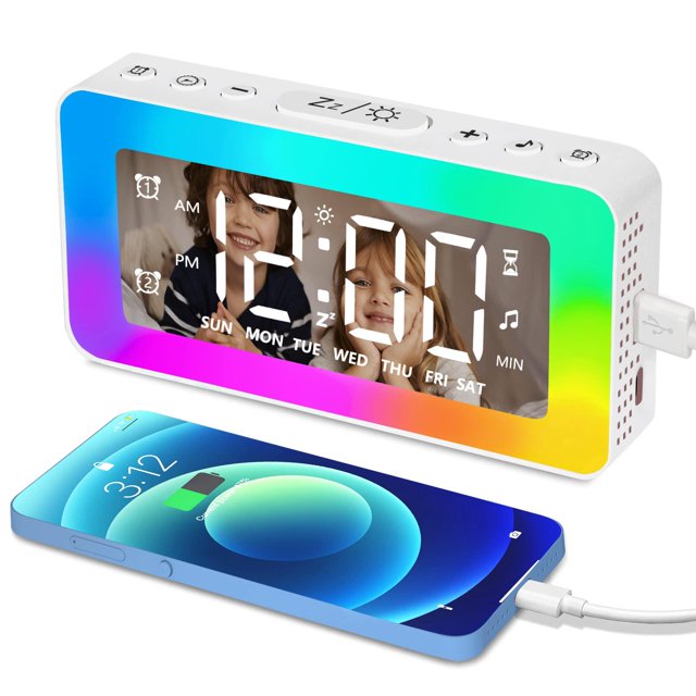 Kids Alarm Clock for bedrooms,Loud Bedside Digital Clock with 8 LED Night Lights, Dual Alarm, USB Charging Port, Weekday/Weekend Mode, White Noise Sleep, dimmer, for Heavy Sleepers