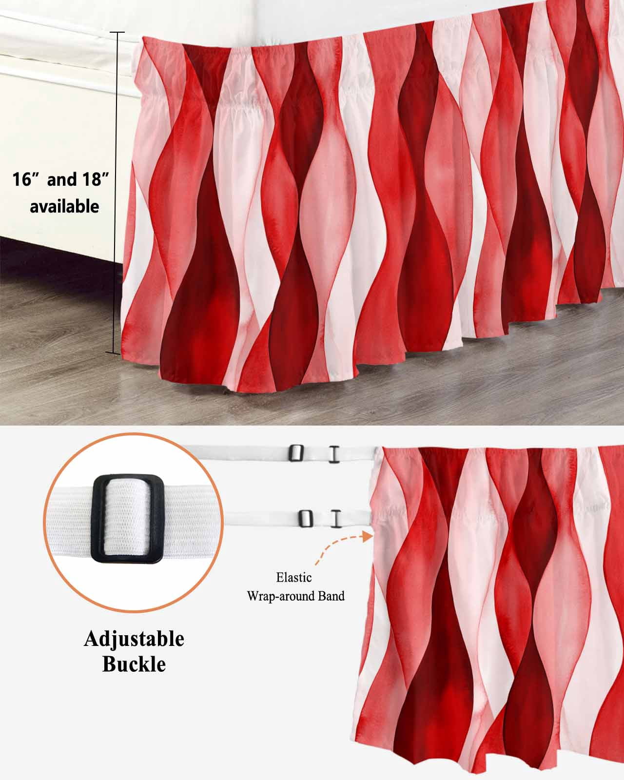 Red Striped Wrap Around Bed Skirts for Queen Bed 18" Drop,Bed Skirt with Adjustable Elastic Belt Dust Ruffle Bed Valance for Bedroom Hotel Modern Gradient Geometric Ripple Stripes Bed Frame Cover