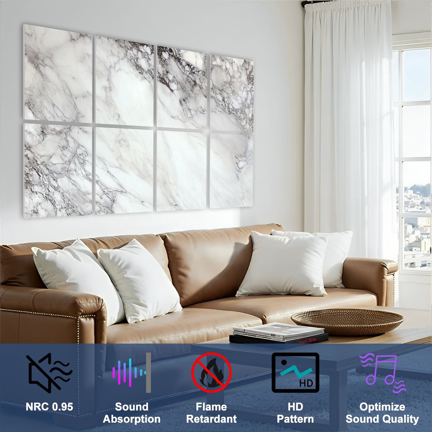 Marble 8 Pack Art Acoustic Panels Sound Absorbing White marble Decorative Soundproof Wall Panels Self Adhesive for Nursery Game Room Bedroom 48"x32"