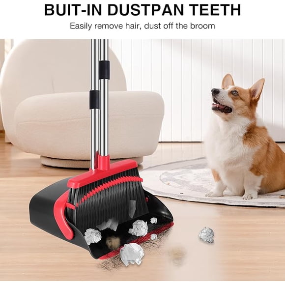 Ensemble Balai et Pelle, Manche Réglable de 52 Pouces, Balai Pelle avec Dents pour Nettoyer Automatiquement les Cheveux, Adapté pour Maison Cuisine Bureau Hall Sol (Noir&Rouge)