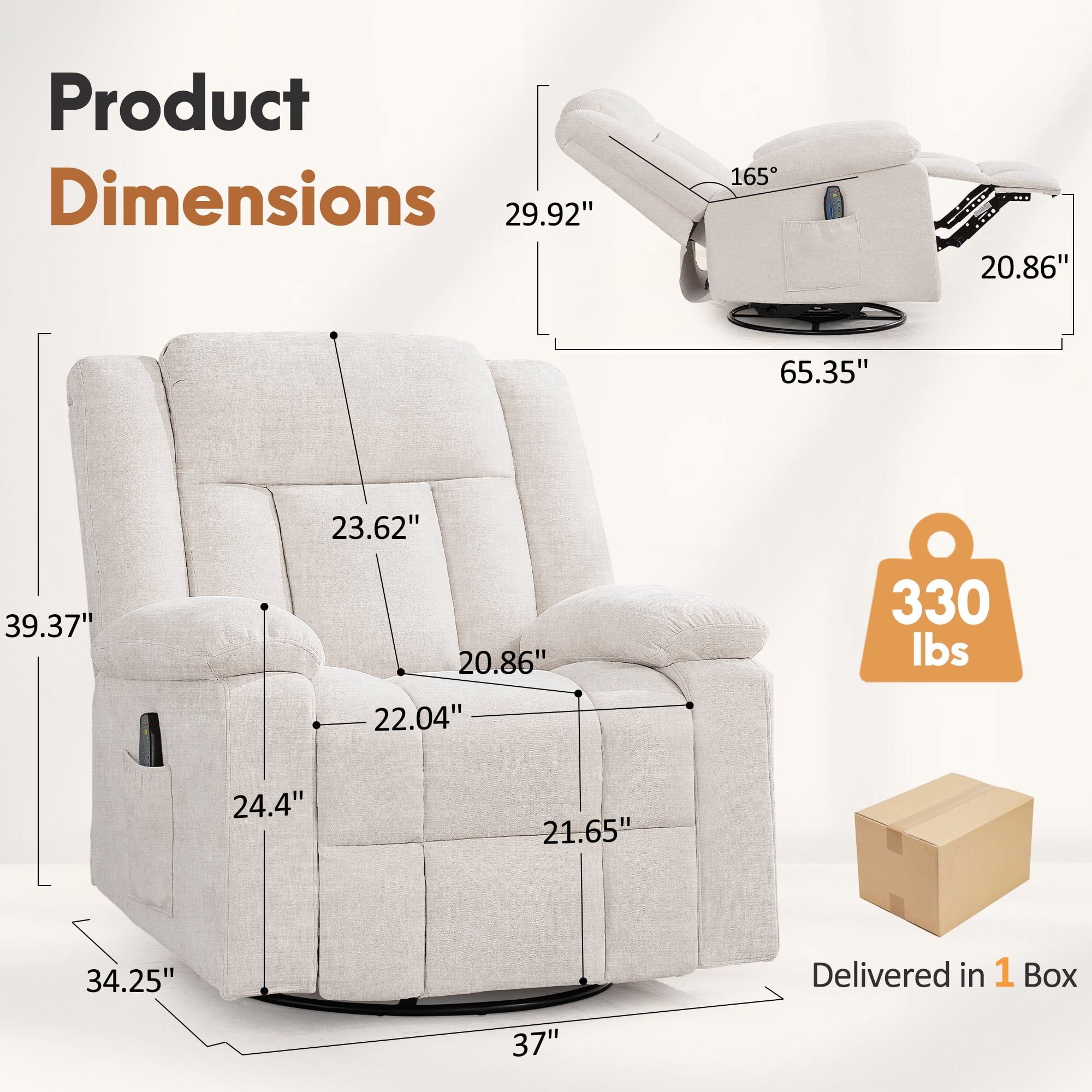 Korser 360°Swivel Rocker Recliner with Massage and Heating,Rocker Recliner Chair for Adults with Side Pockets Nursery Glider Recliner for Living Room,Chenille,Beige