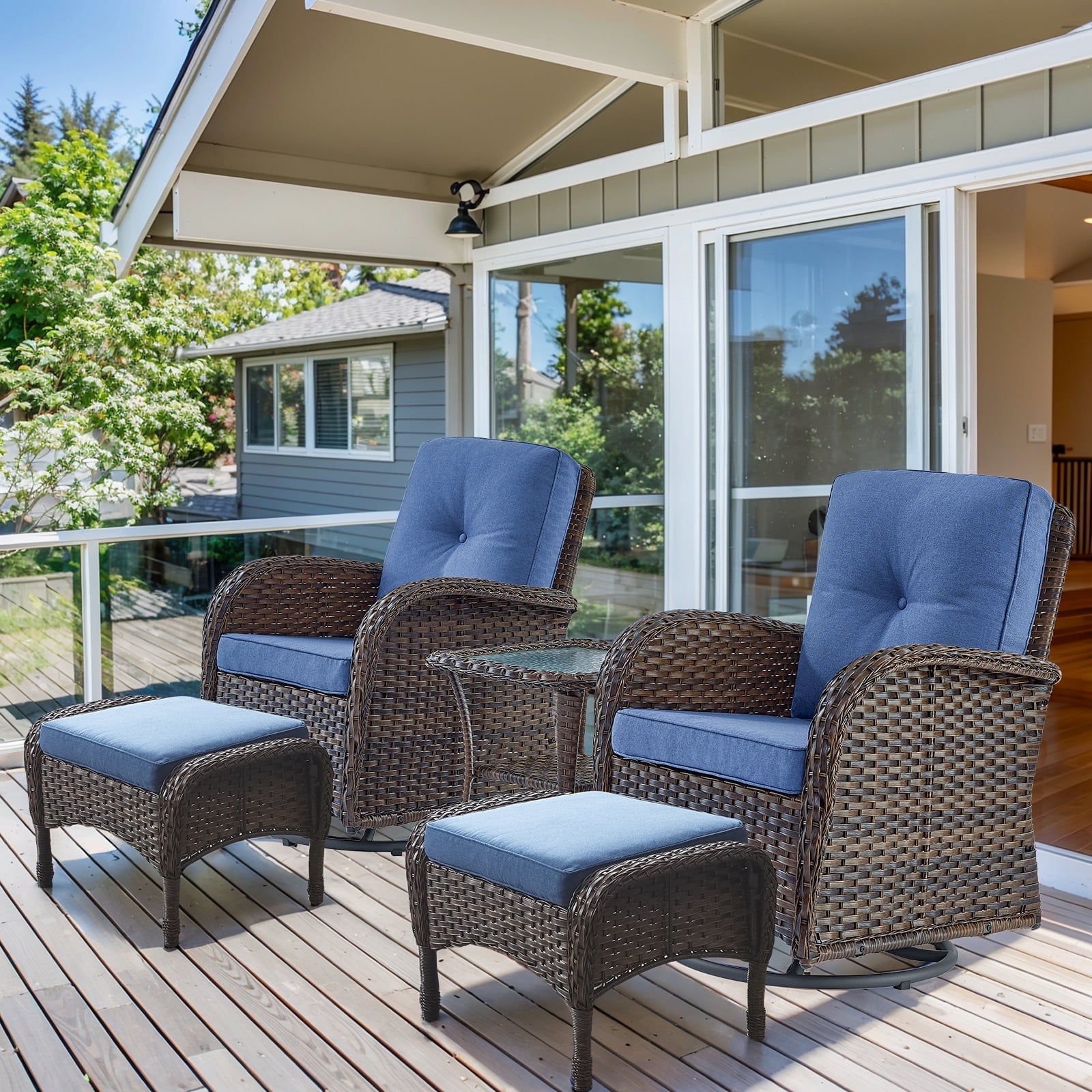 PARKWELL 5-Piece Outdoor Swivel Rocking Chair with Foot Rest,Side Table,360 Degree Swivel Glider Patio Rattan Wicker Conversation Bistro Furniture Sets,Blue