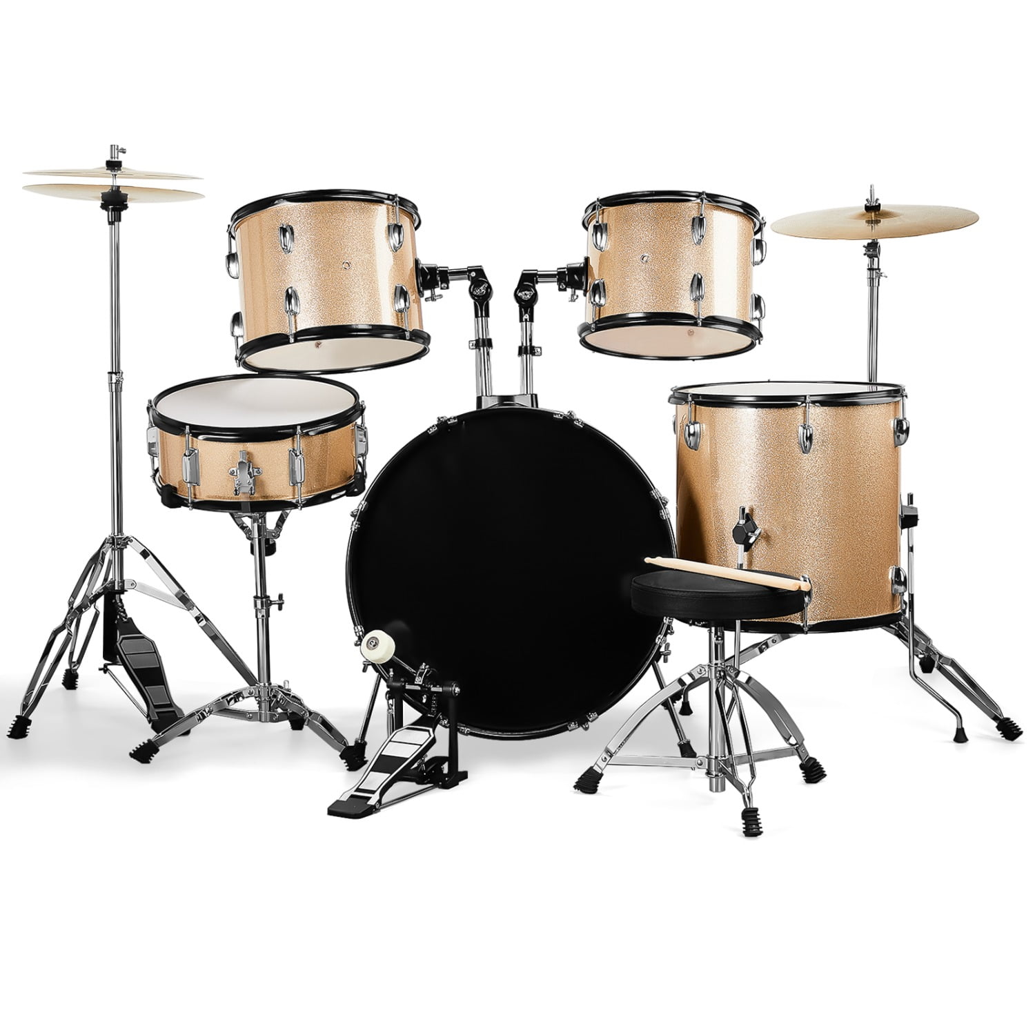 Full Size Adult Drum Set 5-Piece Champagne with Bass Drum, two Tom Drum, Snare Drum, Floor Tom, 16" Ride Cymbal, 14" Hi-hat Cymbals, Stool, Drum Pedal, Sticks