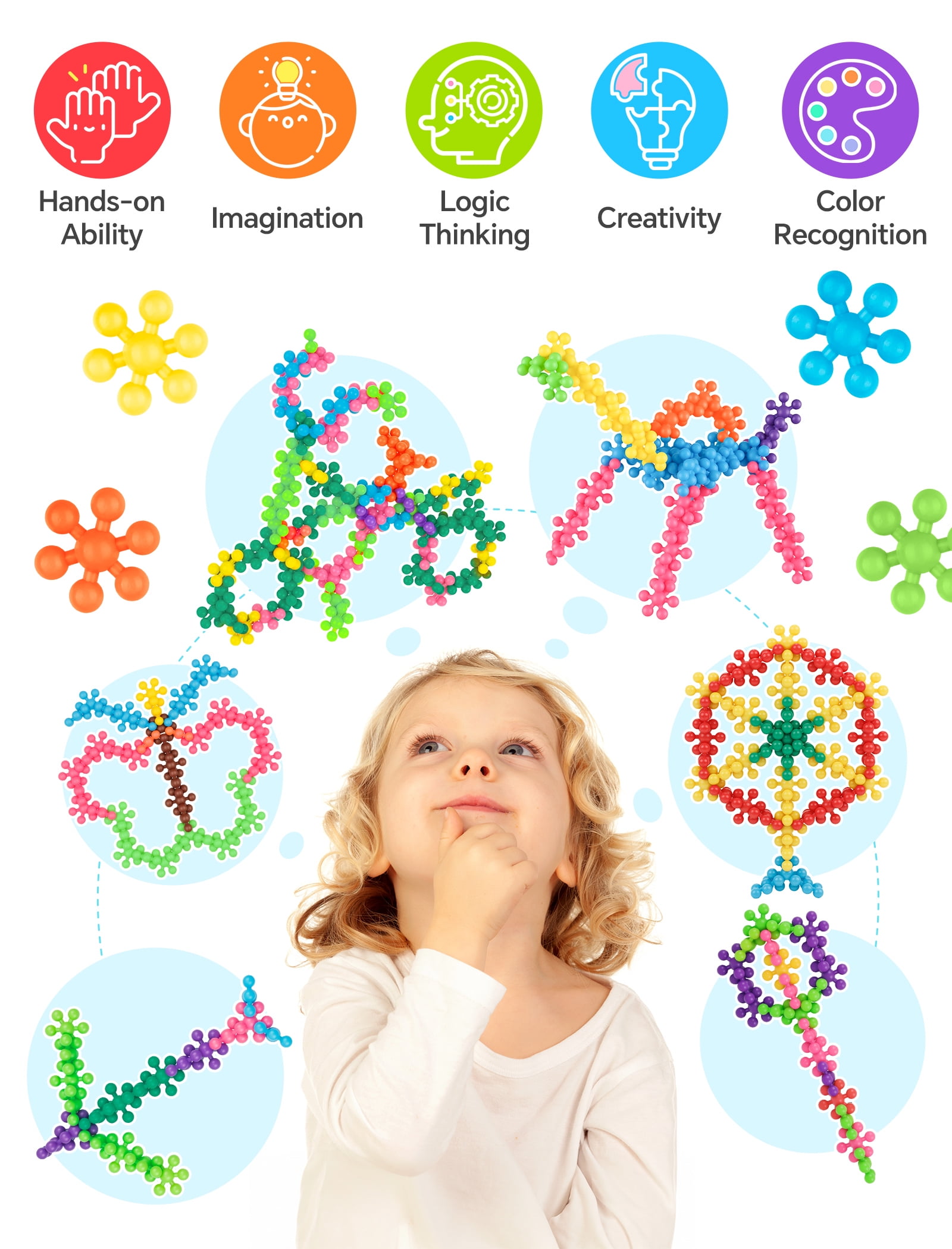 Macaron Color Interlocking Building Blocks Set – 600pcs Snowflake Shape Plastic Construction Toys in 6 Pastel Colors with Storage Box, Educational STEM Blocks for Kids Creative Play