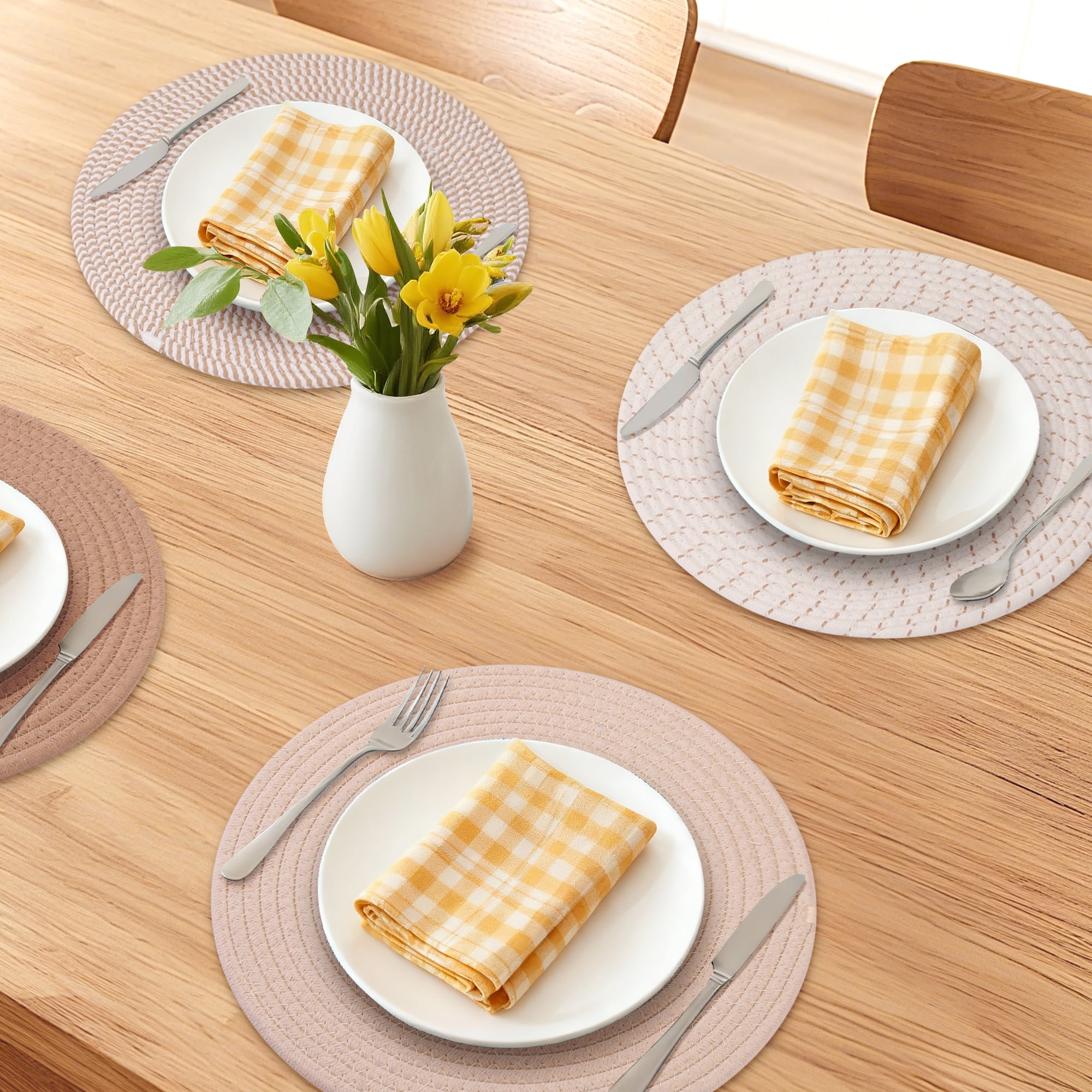 Unique Bargains 4Pcs Round Woven Table Placemats Beige Brown 13x13inch