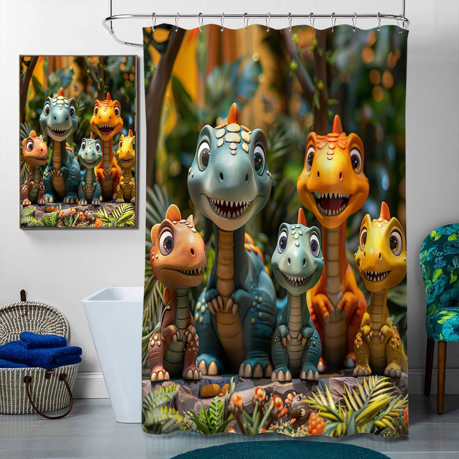4 Pcs Dinosaur Bathroom Shower Curtain Set with Rug, Toilet Lid Cover and Bath Mat, Jurassic Nature Dinosaurs Anicient Animals Bathroom Shower Curtain with 12 Hooks Accessories Decorative