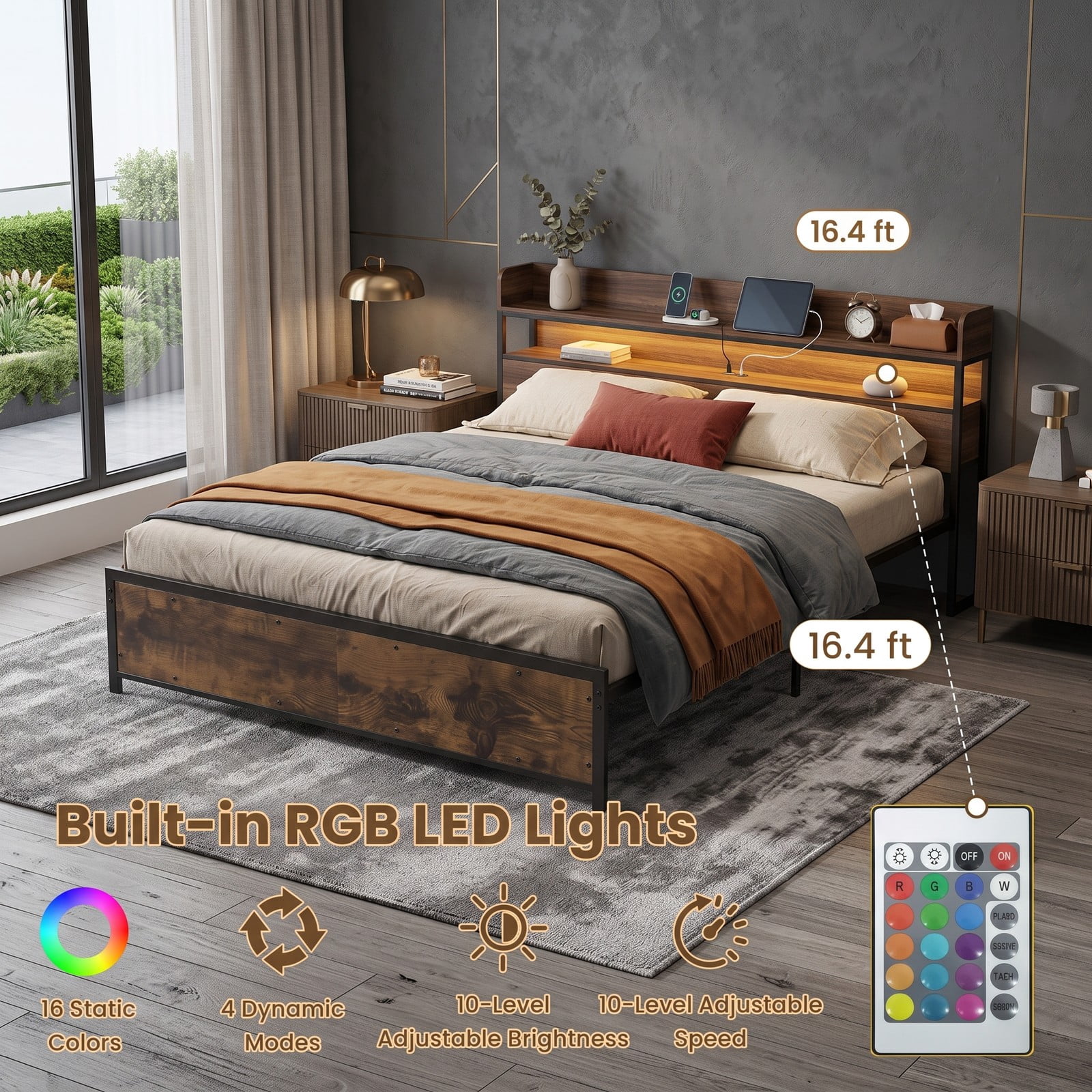 Furnibear King Size Bed Frame with Storage Headboard, LED Platform Bed Frame with Power Outlets and USB Ports, No Box Spring Needed, Rustic Brown