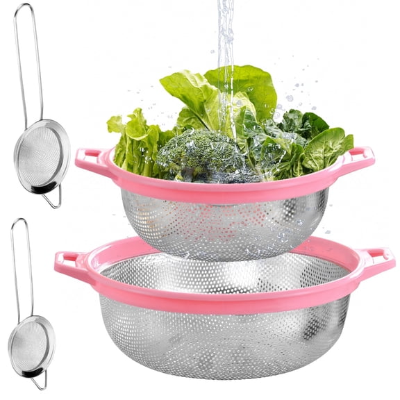 2-Piece Stainless Steel Colander Set,Pink Kitchen Strainer Bowls with Fine Mesh Baskets,for Draining Pasta,Vegetables,Washing Produce,Fruit