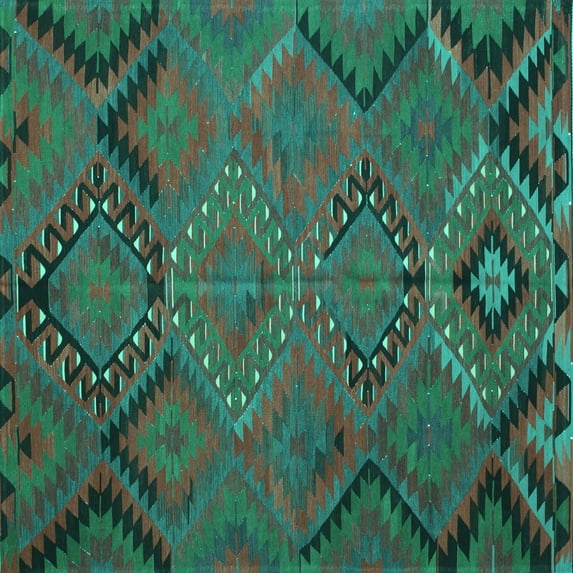 Ahgly Company Machine Washable Indoor Square Southwestern Turquoise Blue Country Area Rugs, 4' Square