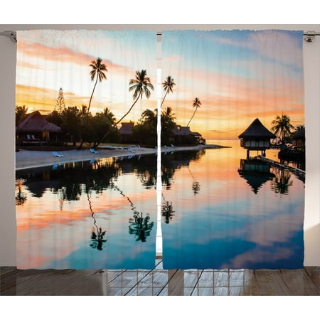 Tropical Decor Curtains 2 Panels Set, Tropical Sunset At Moorea French Polynesia Reflection Resort Scenic Waterscape, Living Room Bedroom Accessories, Gift Ideas, By Ambesonne