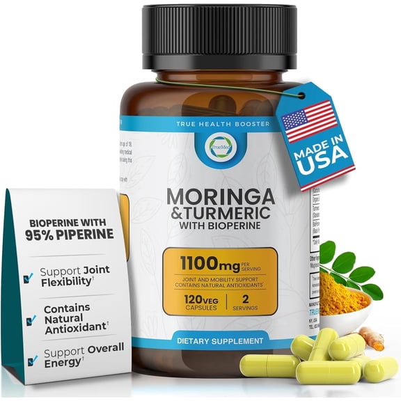 TrueMed Moringa & Turmeric Curcumin Supplement with BioPerine, 1100 mg, 95% Curcuminoids, 120 Vegan Capsules for Daily Wellness, Joint & Digestive Support