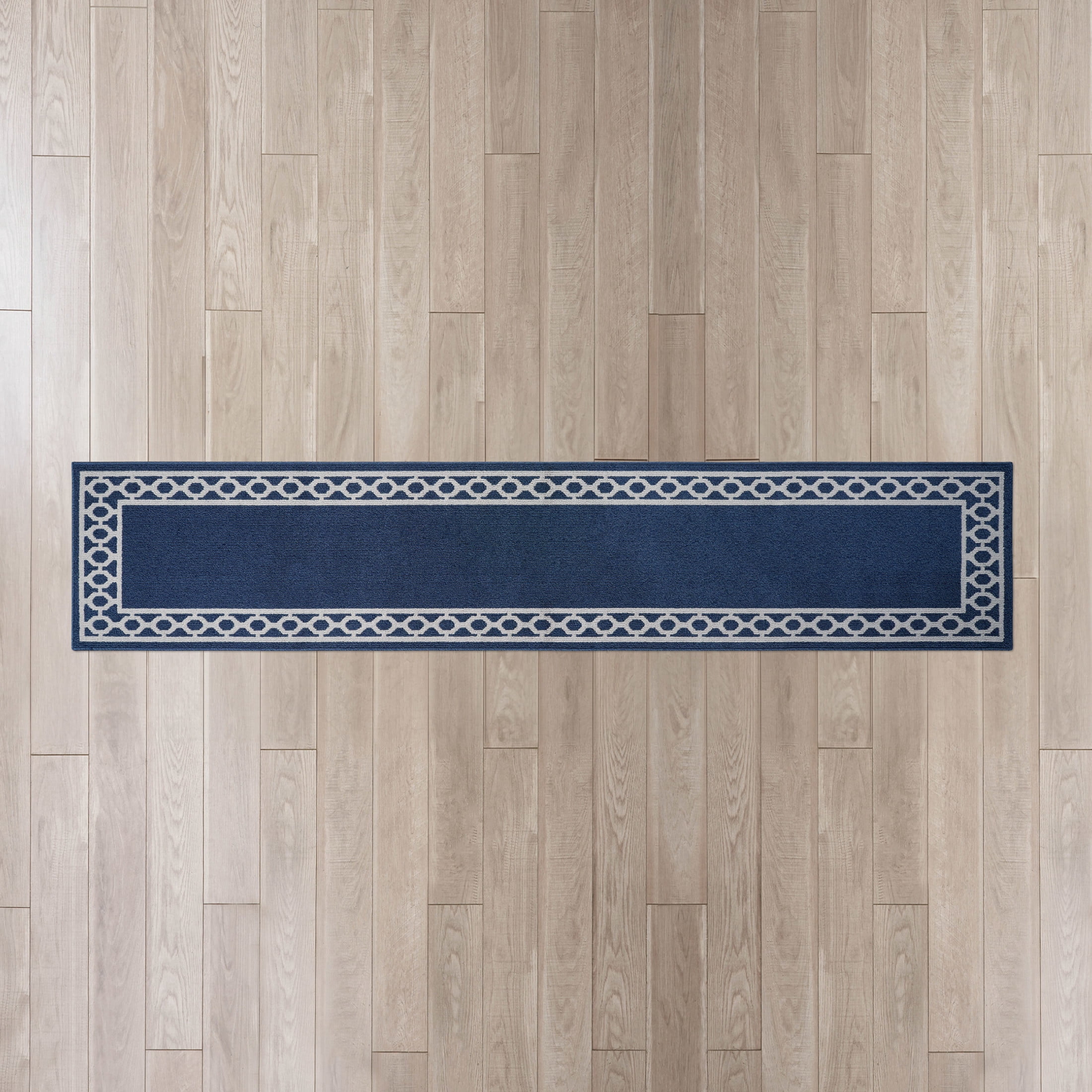 Washable Skid-Resistant Runner Rug, Trellis Border , Denim Twist and Light Grey , 30 " x 120"