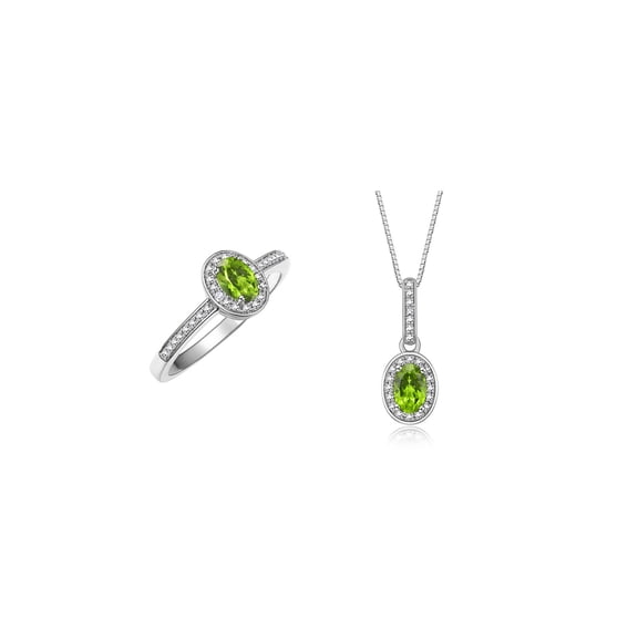 RYLOS Matching Jewelry 14K White Gold Floral Halo Set: Pendant Necklace & Matching Ring. Gemstone & Diamonds, 18" Chain. 6X4MM Peridot August Birthstone Jewelry Size 7