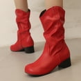 thumbnail image 3 of Western Boots for Women Slouchy Leather Block Heel Round Toe Mid Calf Booties Winter Thickened Warm Casual Retro Long Boots Red Size 6, 3 of 5