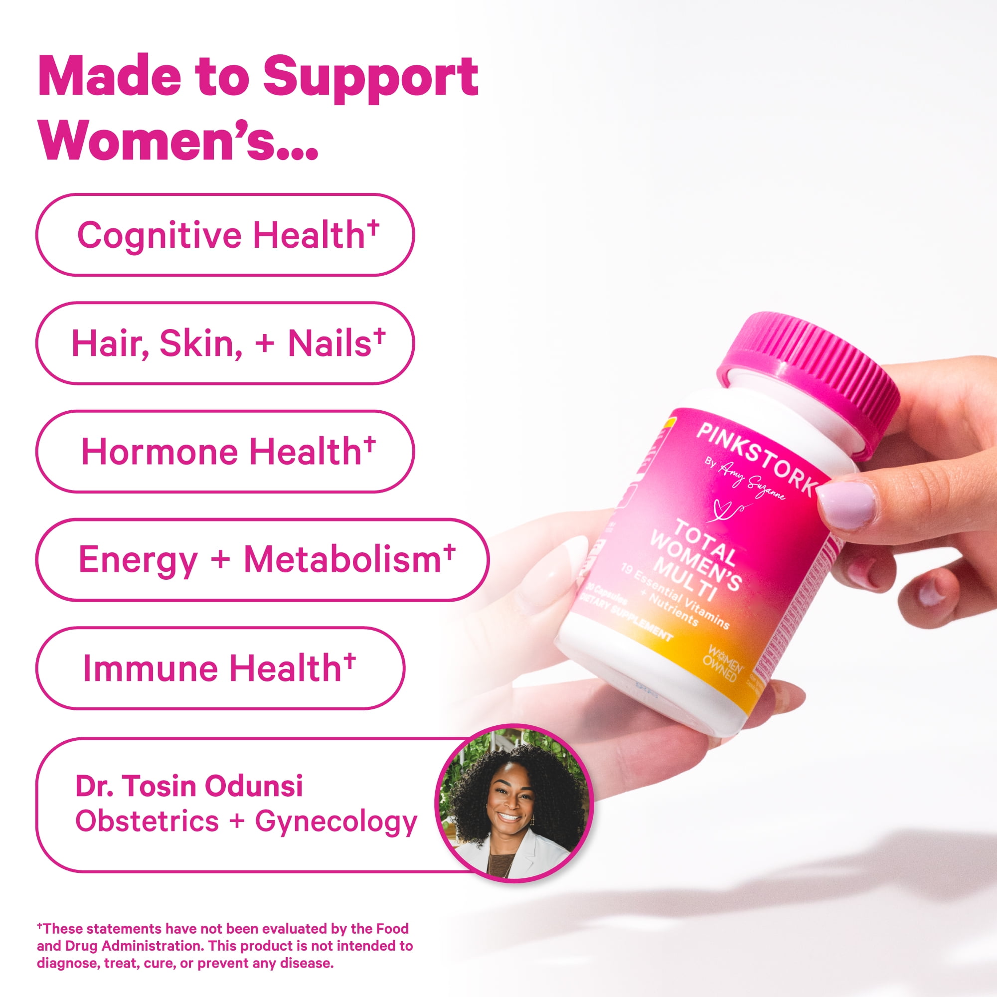 Pink Stork Women's Multivitamin with Folic Acid, Biotin, Vitamin D for Immune, Digestion & Energy - 60 Capsules