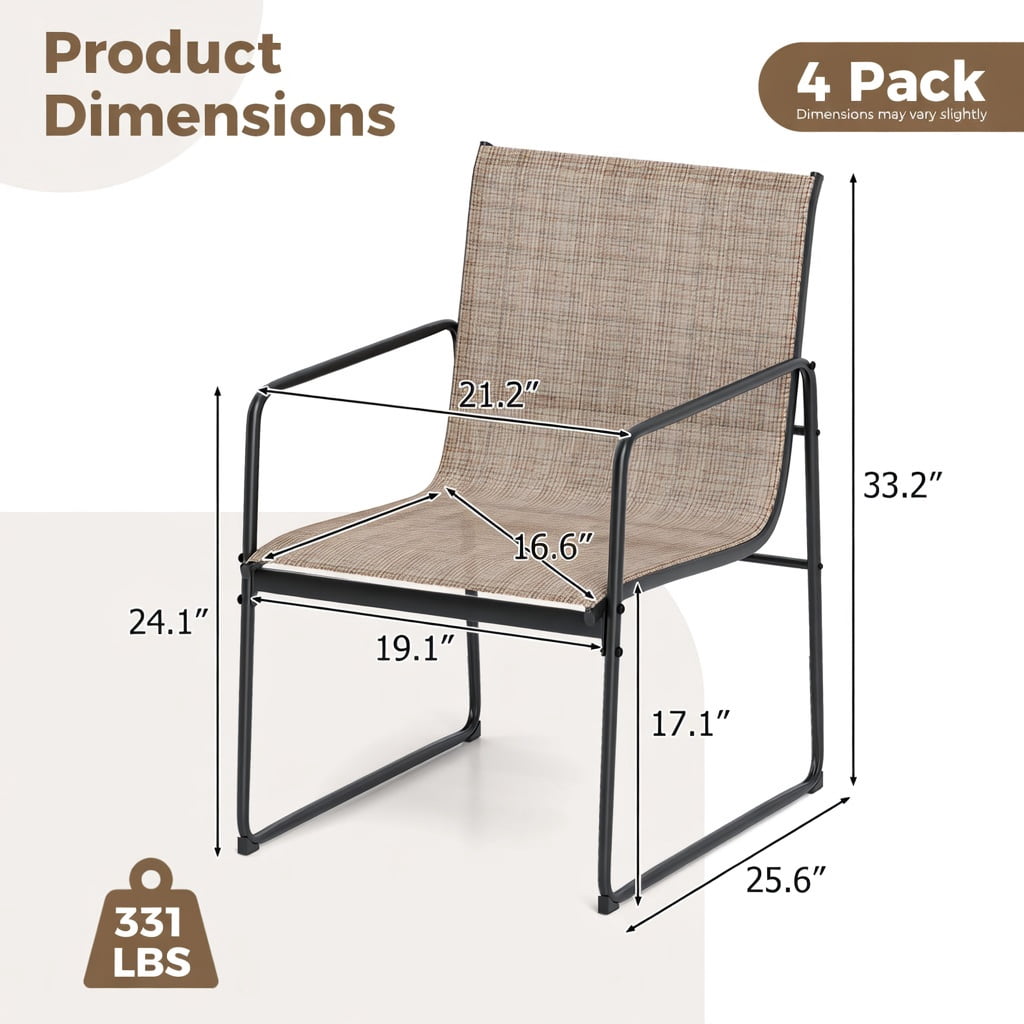 Hommoo 4-Piece Outdoor Dining Chair Set, Breathable Fabric Patio Chairs with Powder-Coated Steel Frame, Brown+Black