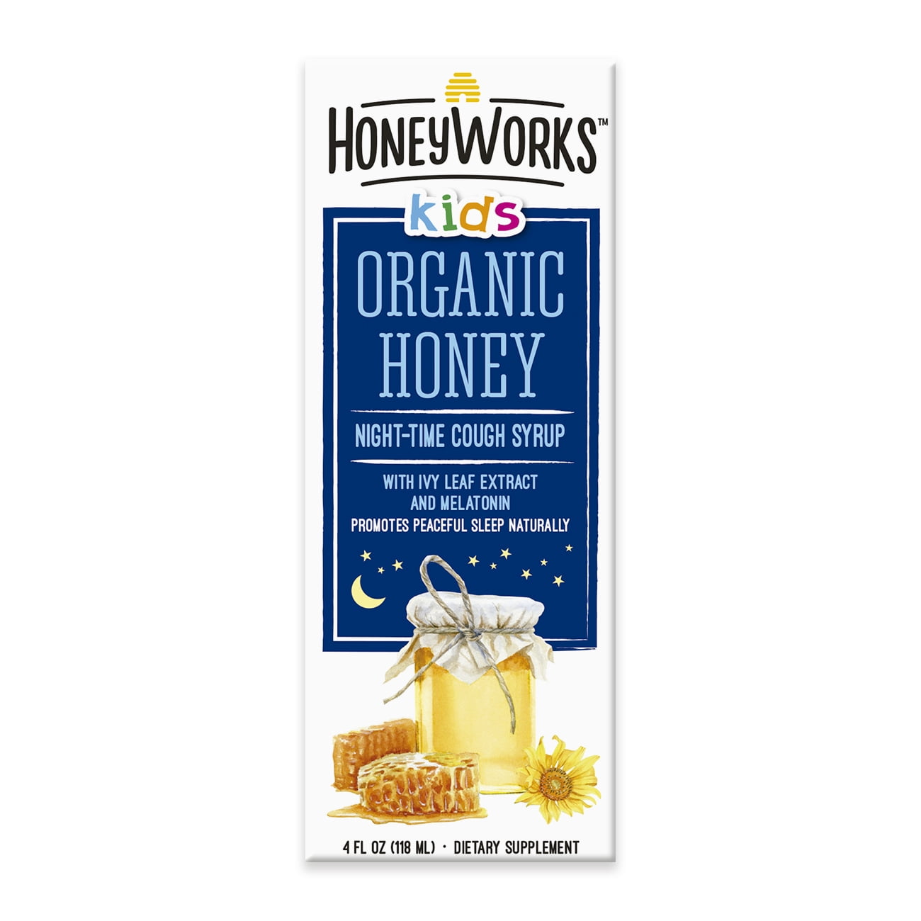 Honey Works Kids Organic Honey Night Time Cough Syrup with Ivy Leaf Extract, Supplement, 4 oz.