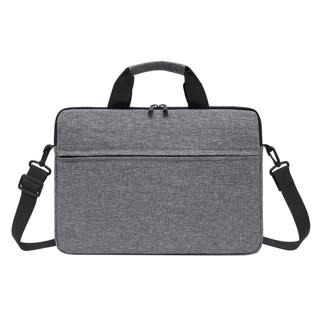 Water-resistant laptop messenger bag in grey, designed for 15-inch laptops or tablets. Features a sleek design with a padded compartment for device protection, a front zipper pocket for small items, and a 360-degree reinforced interior for shock absorption. Includes an adjustable padded shoulder strap and a removable handle for versatile carrying options. Made from durable, water-repellent fabric, measuring 40x31x3cm (15.75x12.20x1.18 inches).