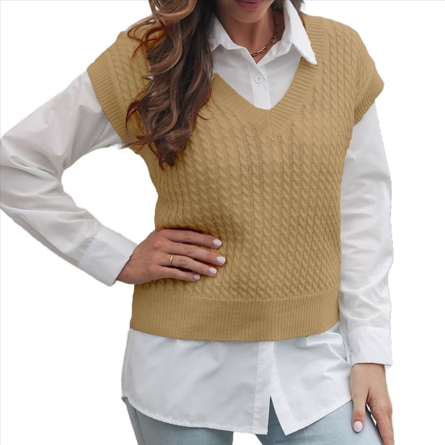 Suéter de Cuello en V para Mujer, Chaleco de Punto Acanalado, Informal, con Mangas , Corte Holgado, Ropa de Otoño. Caqui L