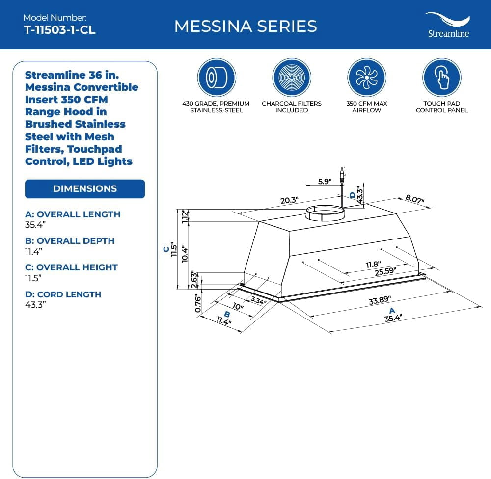 Streamline 36 in. Messina Convertible Insert 350 CFM Range Hood in Glossy Black with Mesh Filters, Touchpad Control, LED Lights