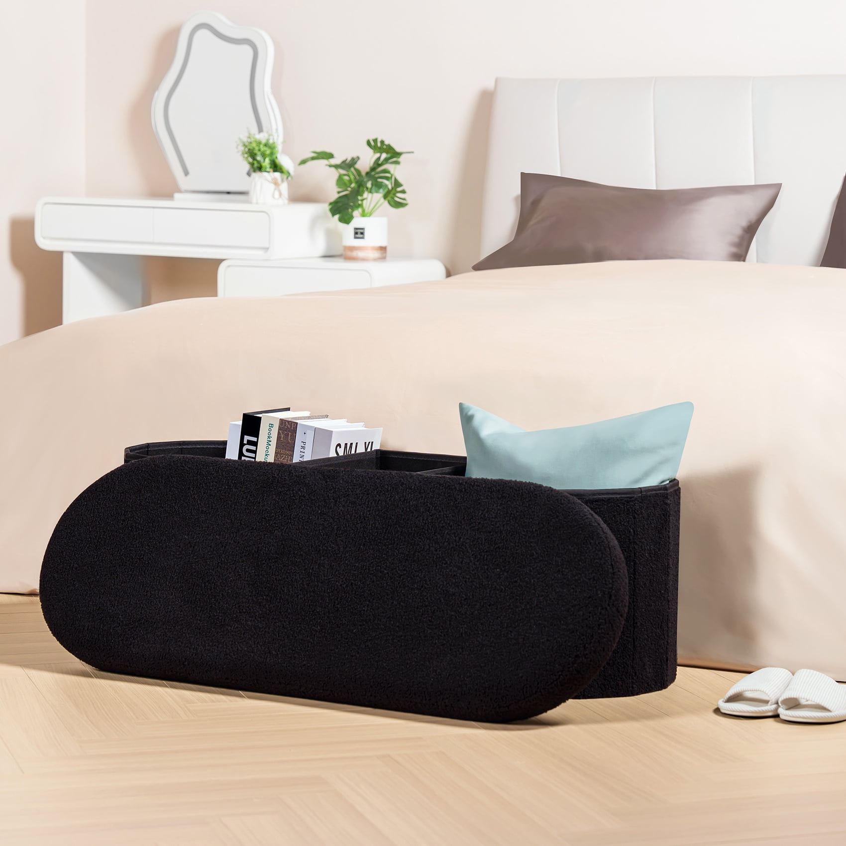 PINPLUS Storage Ottoman Bench Tufted Oval Ottoman Bench Foot Rest Velvet Bench with Storage 43" Black