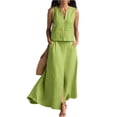 thumbnail image 3 of Womens Linen Look 2 Piece Sets With Sleeveless V Neck Vest And Side Slit Maxi Skirt Featuring Functional Pockets And Solid Color Green M, 3 of 6