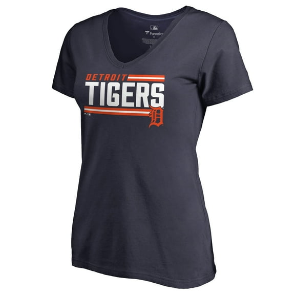 Women's Navy Detroit Tigers Onside Stripe V-Neck T-Shirt
