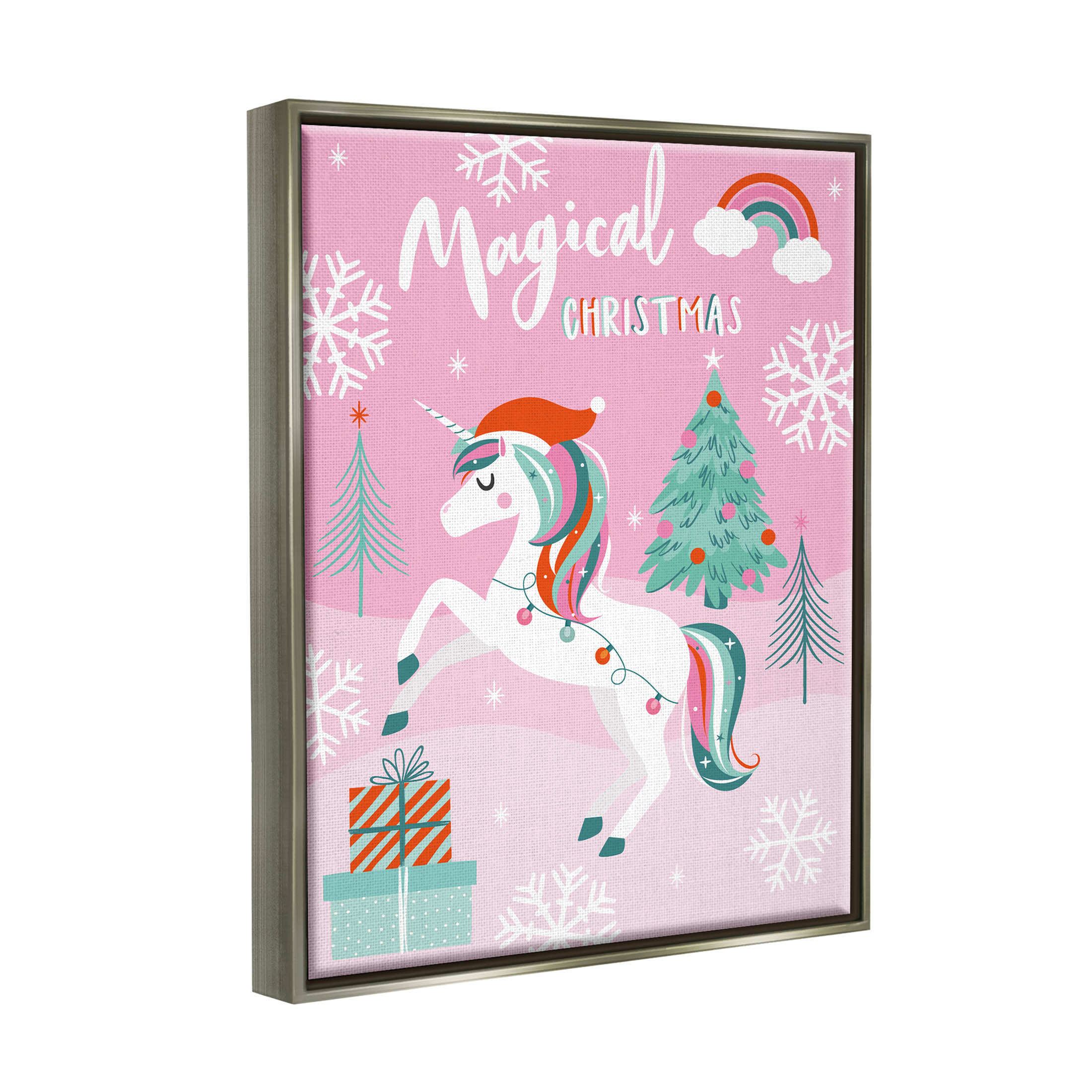Magical Christmas Pink Unicorn Holiday Graphic Art Luster Gray Framed Art Print Wall Art