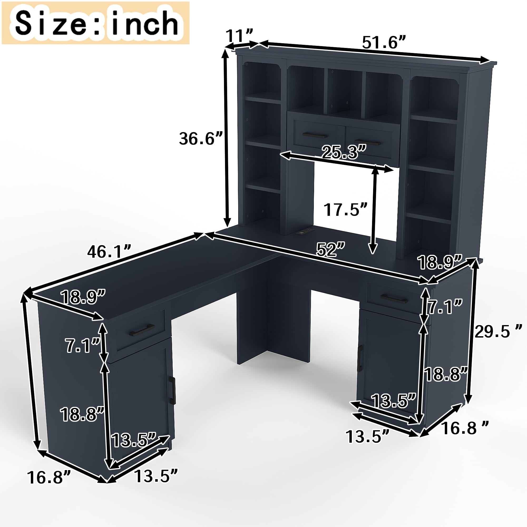 MDQMD Modern L-Shaped Blue Office Desk with Drawer and Shelves,Computer Desk with Storage for Study, Office