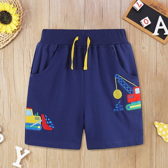 BOOMNY Toddler Boys Shorts Elastic Waist Drawstring Shorts for Kids Cartoon Excavator Embroidery Childrens Summer Shorts With Pocket