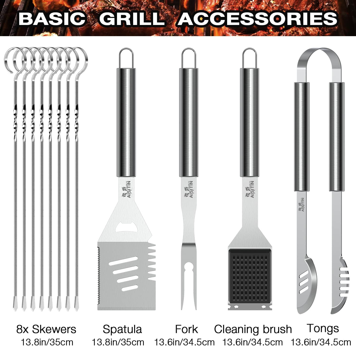 AISITIN  35Pcs BBQ Grill Grilling Accessories Tools Set, Barbecue Tool Sets with Thermometer, Steel Fork, Stainless Steel Tongs  BBQ Accessories for Grill Outdoor
