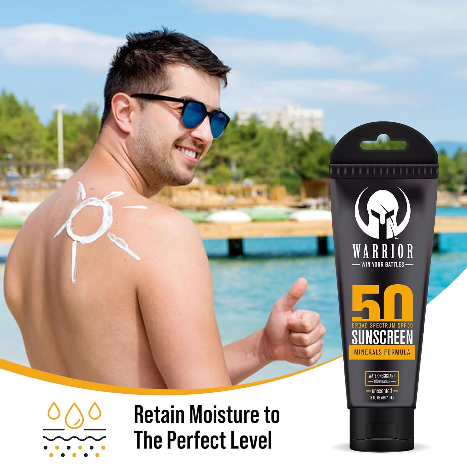 Warrior SPF 50 Sunscreen Lotion - 80 Minutes Water Resistant, Reef Safe, Unscented Lotion – Non-Nao Zinc & Non-NanoTitanium Sunscreen with Mineral Formula - 3 Fl. Oz