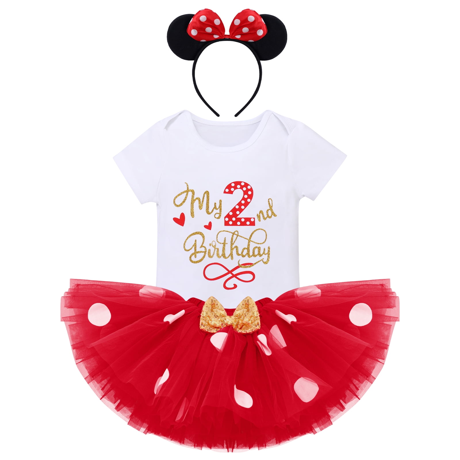 1st/2nd Birthday Cake Smash Outfit Girl Romper+Polka Dots Tulle Tutu Dress+Mouse Headband 3pcs Clothes Set