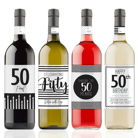 Wheel Stripes Stickers 50th Birthday Wine Bottle Stickers, 4ct - Black and White Stripe and Polka Dot Birthday Party Supplies - 4 Wine Labels with Gift Tags ()