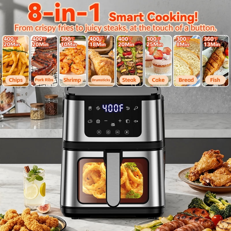 7.5Qt Multifunction Air Fryer w/ Digital LED Touch Screen, Steak Searing, 8 Preset Cookings, 95% Less Oil, Nonstick Dishwasher-Safe Basket, Includes 100 Liners