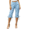 thumbnail image 3 of VBVC Women's Adjustable Hem Capri Cargo Pants , Calf Length Hiking Pants For Women,Ladies' Button Fly Outdoor Cropped Trousers with Pockets,Blue,S-2XL, 3 of 10