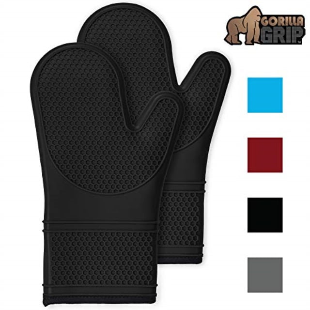 Gloves and Potholders for Use on Hot Surfaces Includes 2 Soft and Flexible Cooking Mitts and Trivet Mats Gorilla Grip Heat Resistant Waterproof Silicone Oven Mitt and Pot Holder 4 Piece Set Almond