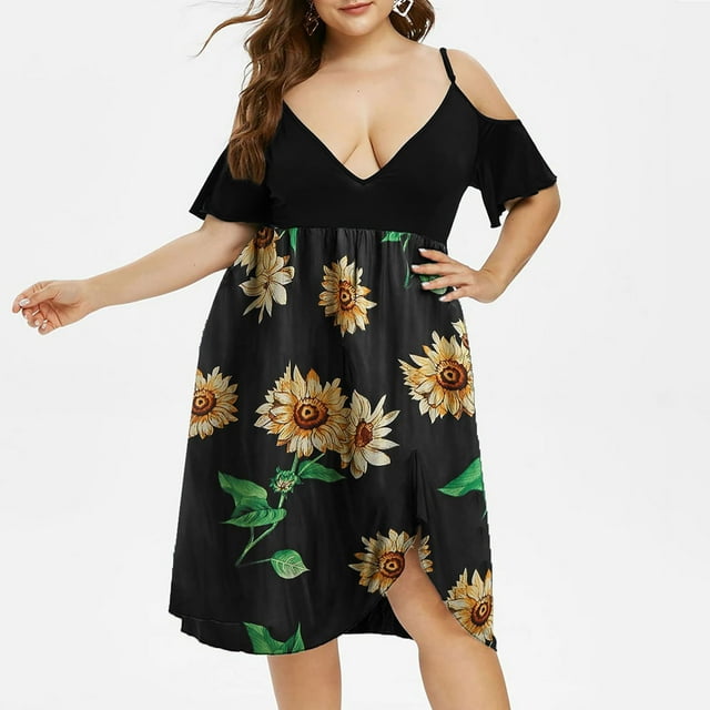 LSLJS Women Plus Size V-Neck Floral Print Short Sleeve Boho Dress