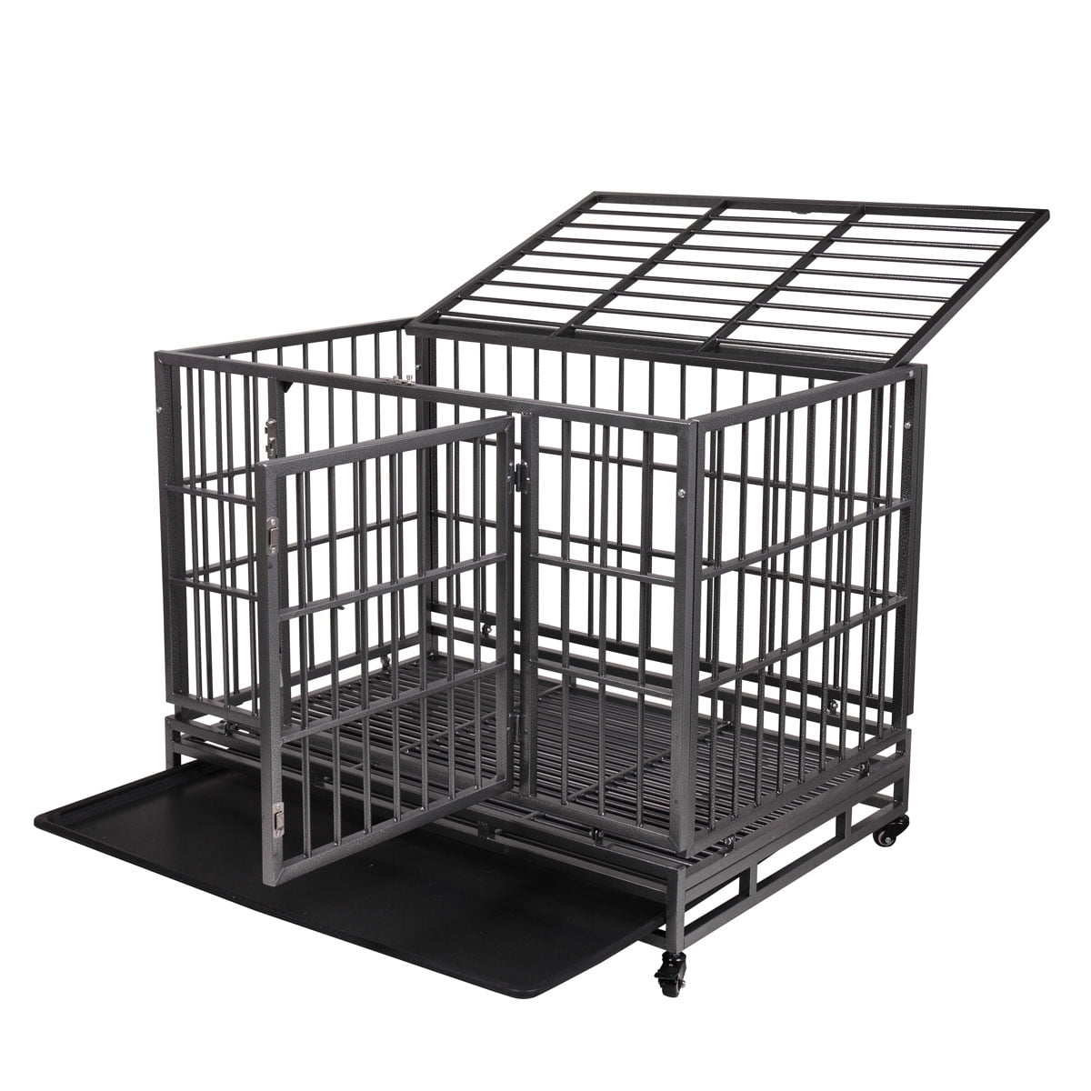 Veryke 42" Dog Crate, Heavy Duty Large Pet Dog Kennel for Small / Large Dogs, Metal Pet Playpen Dog Cage w/ Tray Wheels, Black, Flat Roof Veryke 42" Dog Crate, Heavy Duty Large Pet Dog Kennel for Small / Large Dogs, Metal Pet Playpen Dog Cage w/ Tray Wheels, Black, Flat Roof