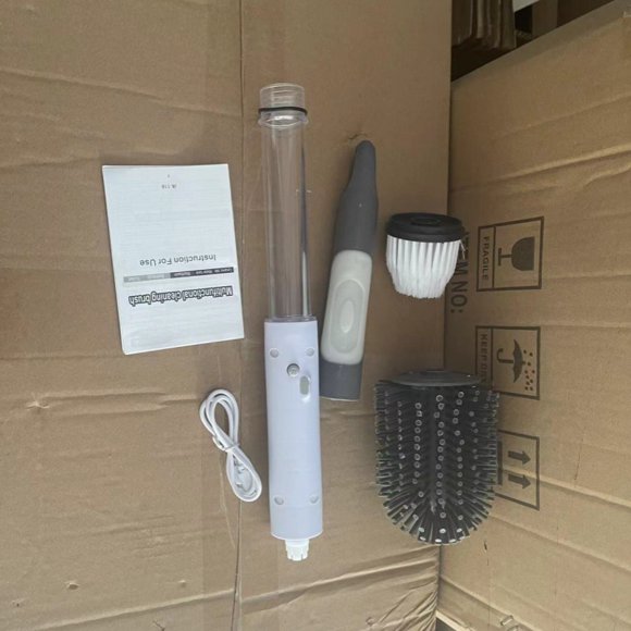 White Cordless Electric Cleaning Brush with Retractable Long Handle, Automatic Rotation, 2 Replaceable Heads – Multi-functional Tool for Bathroom and Floor Cleaning, Durable High-Quality Design for